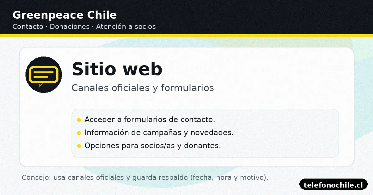 Sitio web oficial Greenpeace Chile con formularios y canales de contacto