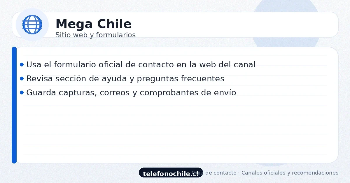 Sitio web de Mega Chile: formulario de contacto y ayuda online