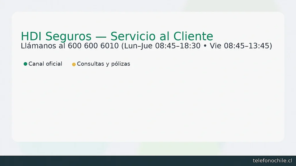 HDI Seguros Chile — teléfono 600 600 6010 y horarios de atención (Lun–Jue 08:45–18:30; Vie 08:45–13:45) — servicio al cliente oficial.