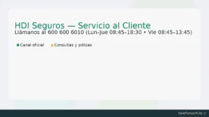 HDI Seguros Chile — teléfono 600 600 6010 y horarios de atención (Lun–Jue 08:45–18:30; Vie 08:45–13:45) — servicio al cliente oficial.
