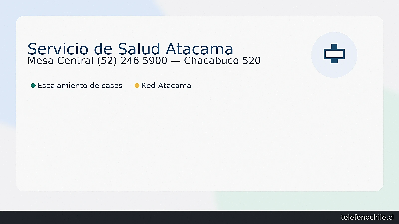 Servicio de Salud Atacama: Mesa Central (52) 246 5900 | sede Chacabuco 520, Copiapó | coordinación red Atacama