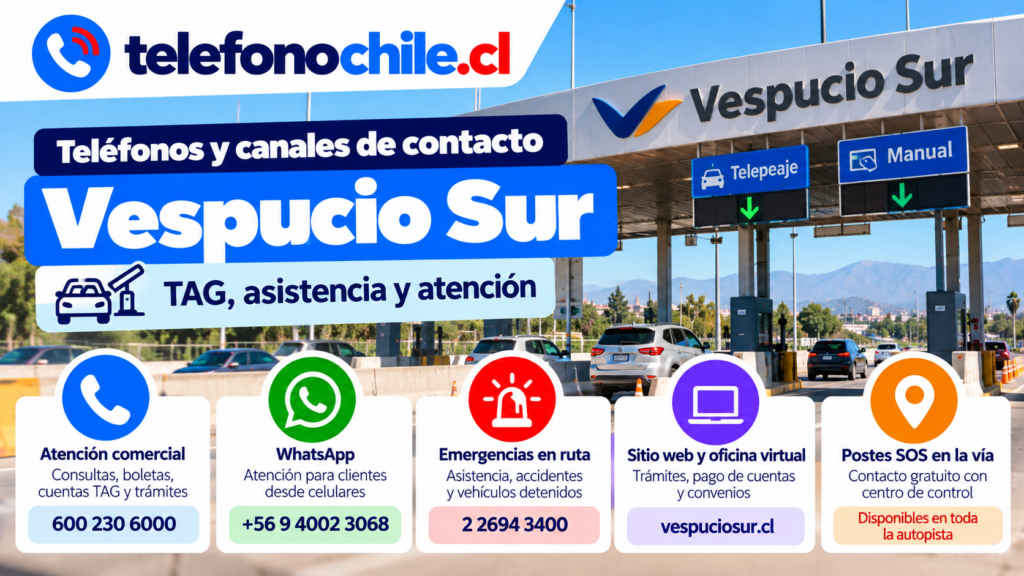 Teléfonos y canales de atención de Vespucio Sur para TAG, asistencia y emergencias en ruta.