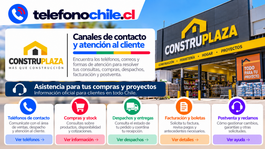 Guía de atención de ConstrupLaza con información sobre compras, stock, despachos, facturación, pagos y servicio de postventa.