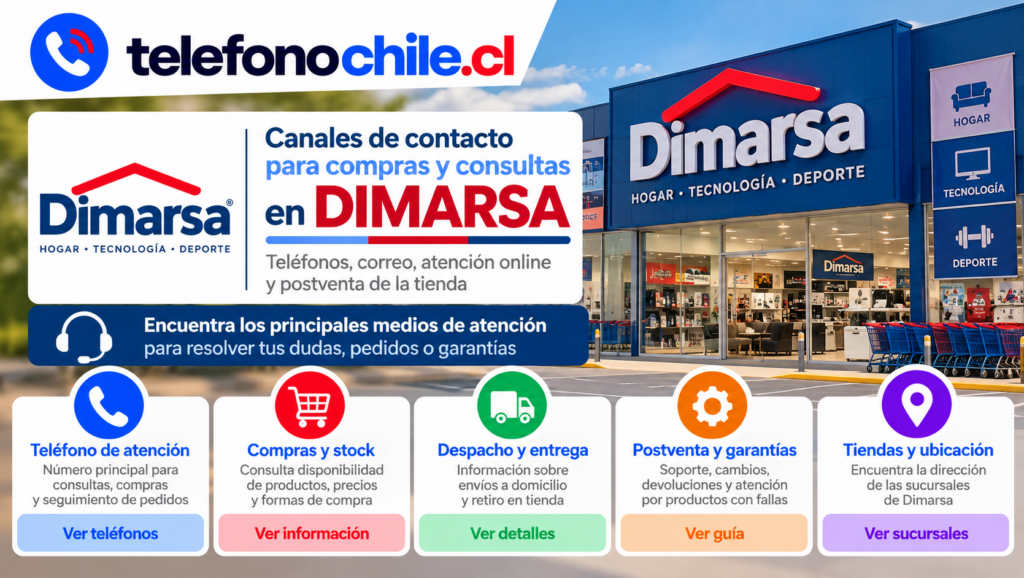 Canales de atención de Dimarsa para compras, stock, despacho, garantías, postventa y ubicación de tiendas.