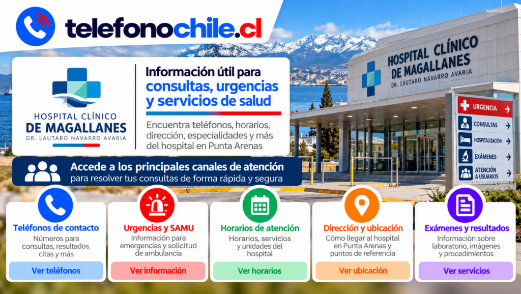Información de atención del Hospital Clínico de Magallanes en Punta Arenas, con teléfonos, urgencias, horarios, ubicación y servicios de salud.