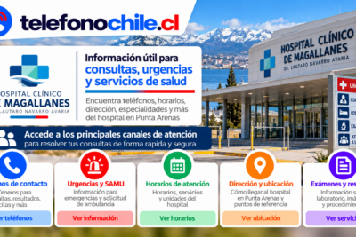 Información de atención del Hospital Clínico de Magallanes en Punta Arenas, con teléfonos, urgencias, horarios, ubicación y servicios de salud.