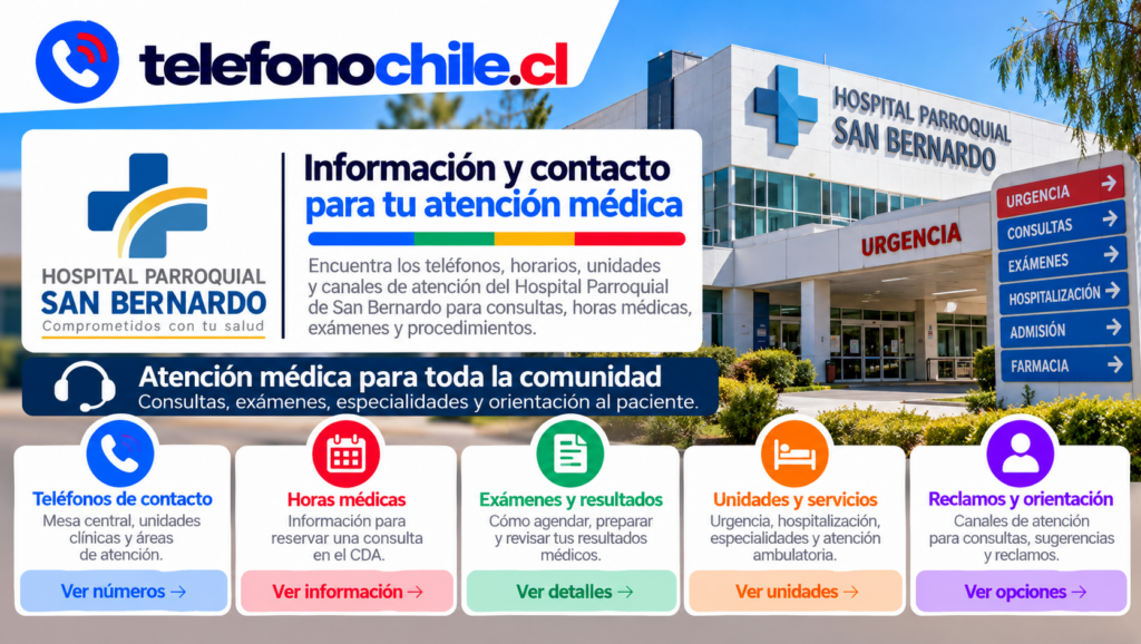 Hospital Parroquial de San Bernardo y sus principales canales de atención médica y contacto en Chile.