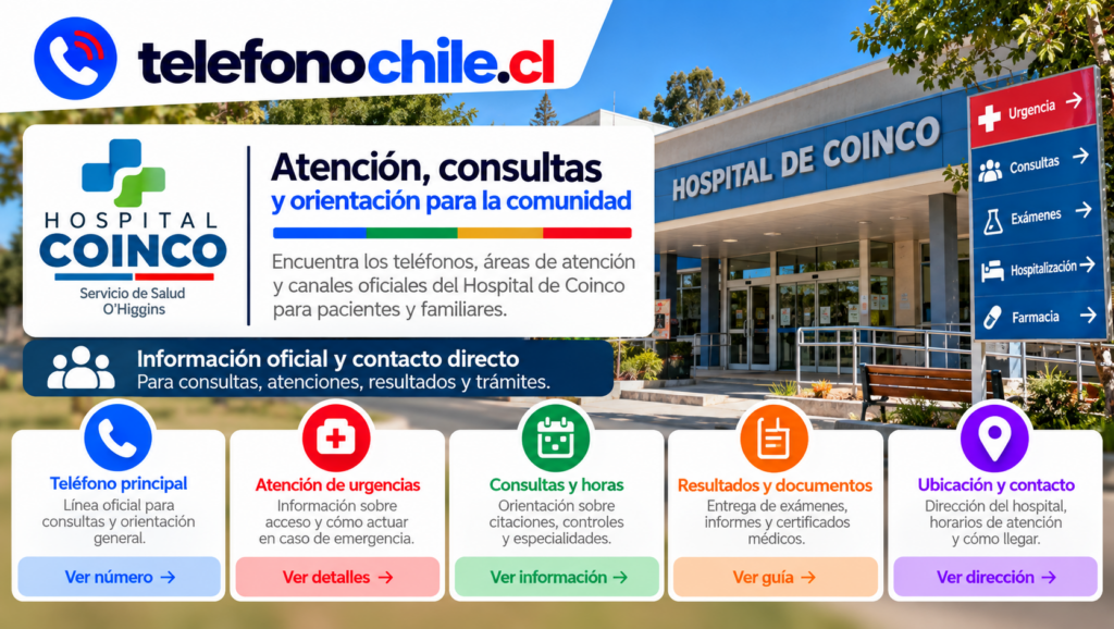 Hospital de Coinco y sus canales de atención para consultas, urgencias, citas, resultados de exámenes y orientación a pacientes.