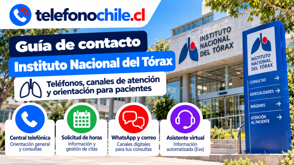 Instituto Nacional del Tórax con teléfonos, canales de atención, solicitud de horas, WhatsApp, correo y asistente virtual para pacientes.