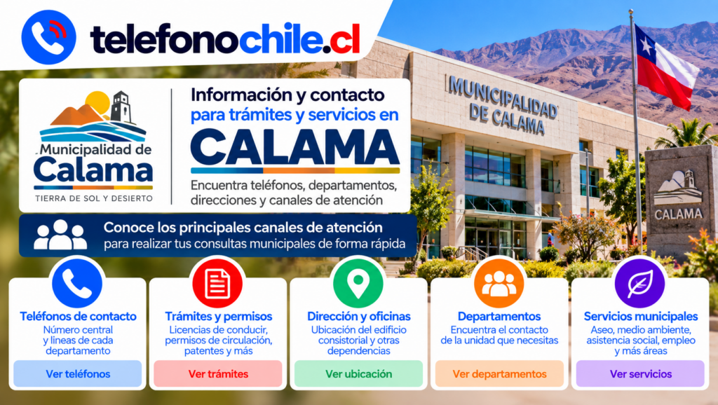 Información de contacto y servicios municipales de Calama, con teléfonos, trámites, oficinas y departamentos de atención.