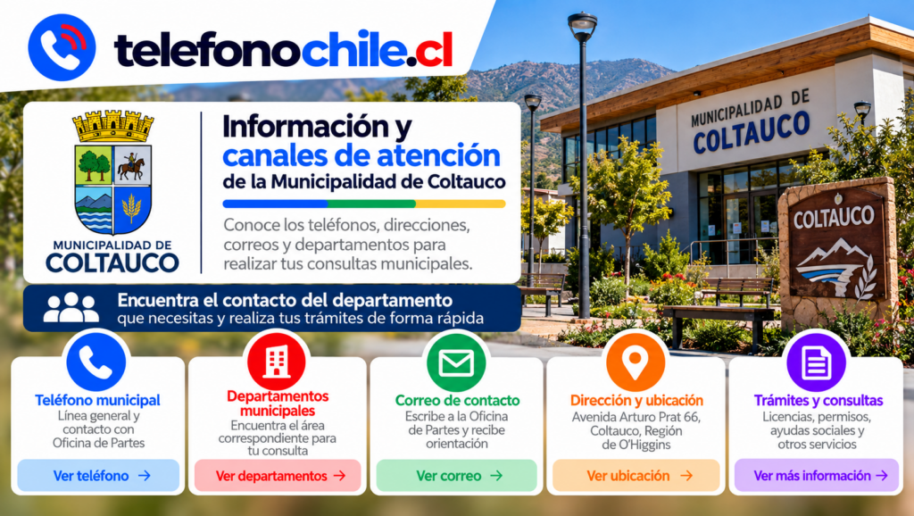 Edificio municipal de Coltauco y sus principales canales de contacto para trámites y consultas comunales.