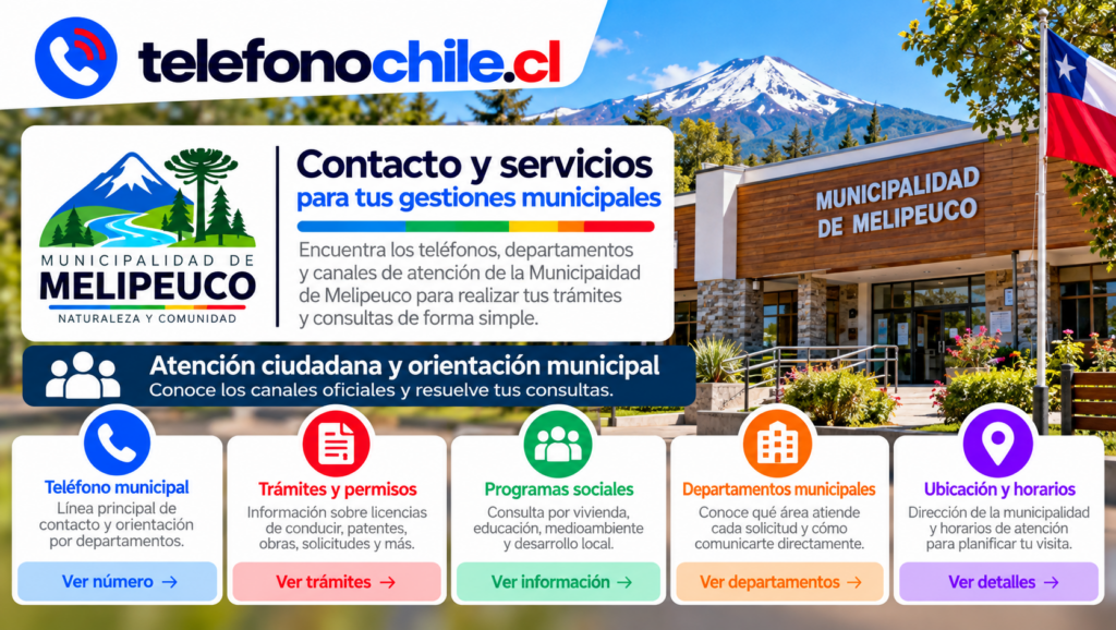Guía visual de contacto municipal y servicios de atención ciudadana en Melipeuco, con información sobre trámites, departamentos, programas y ubicación.