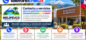 Guía visual de contacto municipal y servicios de atención ciudadana en Melipeuco, con información sobre trámites, departamentos, programas y ubicación.
