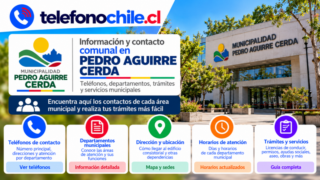 Información y contacto municipal de Pedro Aguirre Cerda con teléfonos, departamentos, dirección, horarios y servicios comunales.