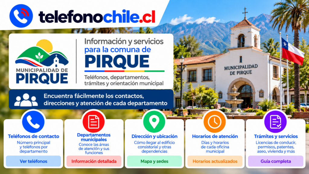 Información municipal de Pirque con teléfonos de contacto, departamentos, direcciones, horarios, trámites y servicios comunales.