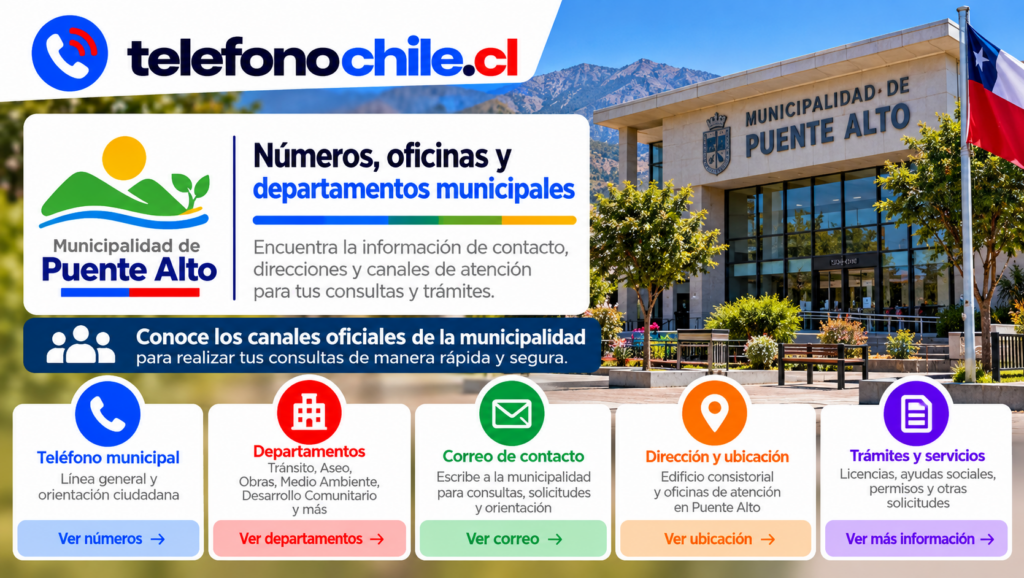 Información de contacto, oficinas y servicios municipales de Puente Alto en Chile.