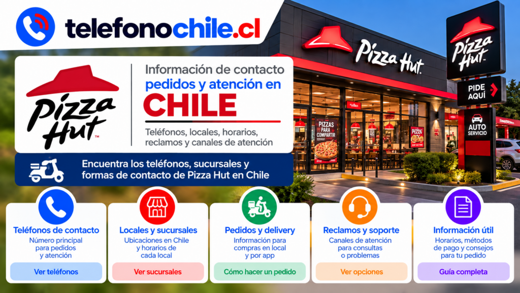 Información de Pizza Hut en Chile con teléfonos de contacto, locales, pedidos, delivery, reclamos, soporte y horarios.