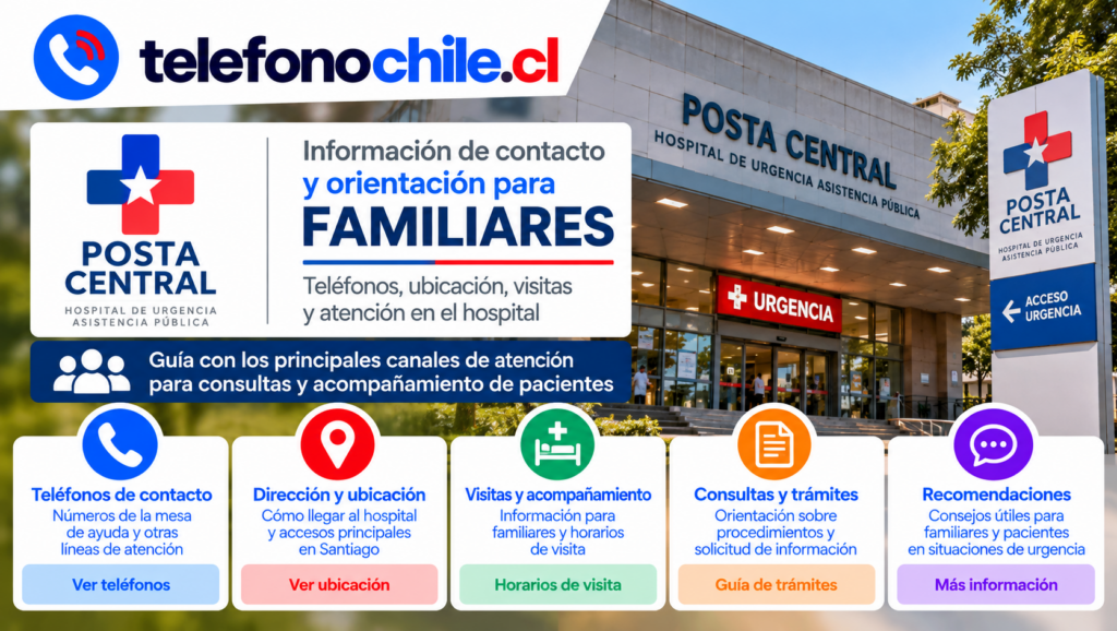 Información de Posta Central para familiares con teléfonos de contacto, ubicación, visitas, trámites y orientación hospitalaria.