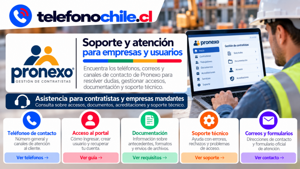Pronexo para gestión de contratistas, con información de contacto, acceso al portal, documentación, acreditaciones y soporte para empresas y usuarios.