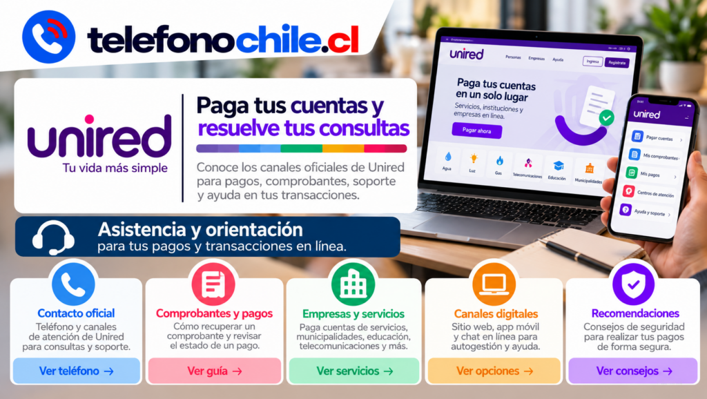 Guía visual de Unired con canales de contacto, pagos de cuentas, comprobantes, servicios en línea y recomendaciones de seguridad.