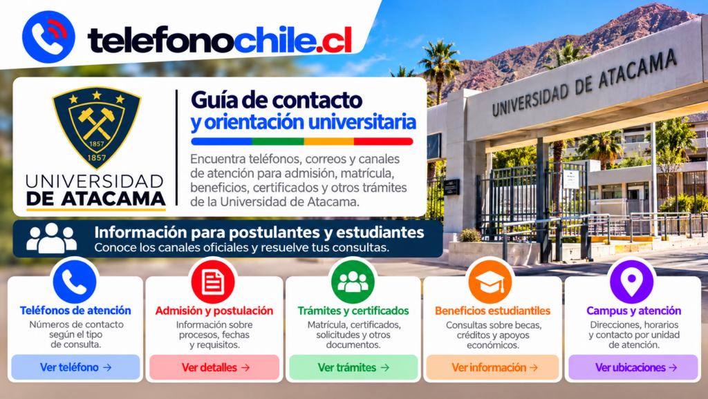 Guía de contacto de la Universidad de Atacama con información para admisión, trámites, beneficios estudiantiles y atención universitaria.