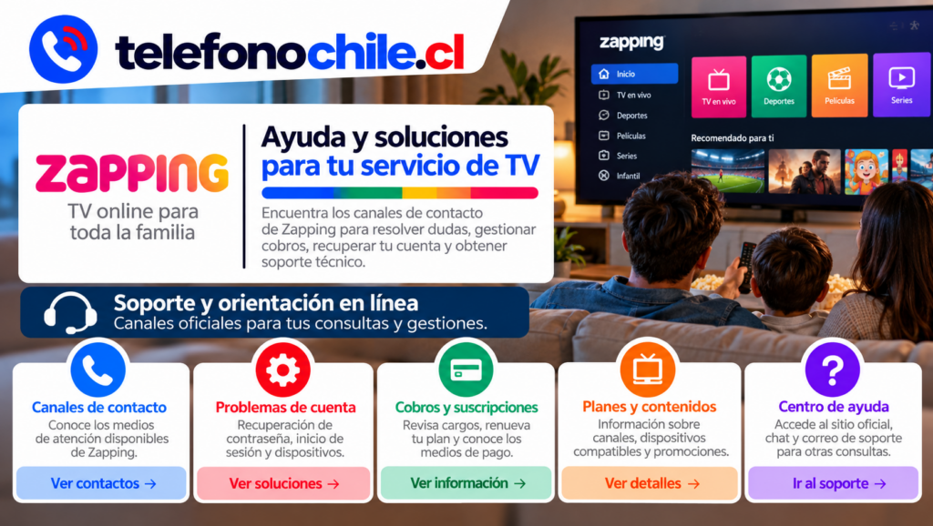 Zapping Chile con canales de soporte, ayuda para cuentas, cobros, suscripciones y servicio de televisión online.